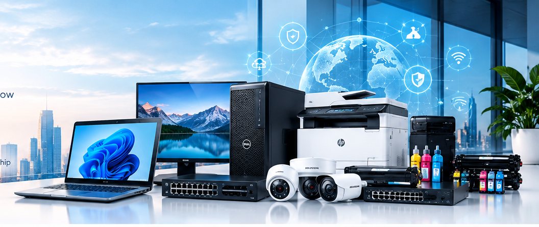 Printers, switches and CCTV cameras beside a laptop